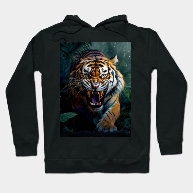 Growling Tiger coming out of the Dark Jungle Hoodie by CoolCarVideos